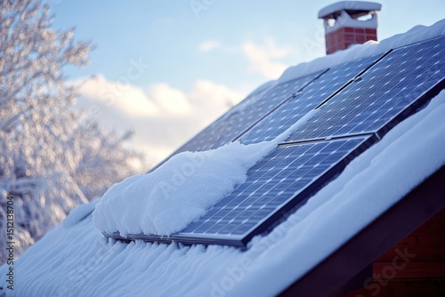 Snow-Covered Rooftop Solar Panel in Cold Winter photo