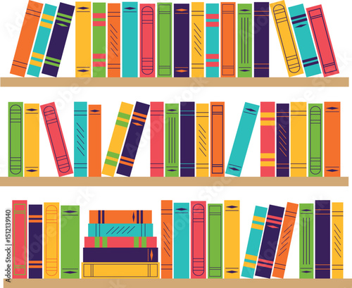 Bookshelves with multicolored book spines on transparent background. Bookcase with literature. Isolated vector illustration for shops, libraries, schools, universities, educational courses.