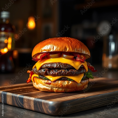 A juicy, flame-broiled burger, nestled in a toasted brioche bun, overflowing with melted cheddar cheese, caramelized onions, and crisp, perfectly seasoned bacon.  Plump, ruby-red tomatoes...