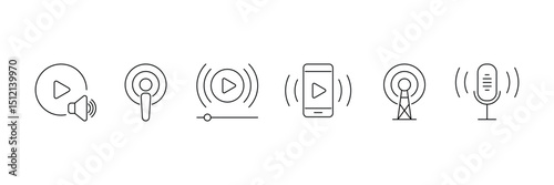 Set of outlined Podcast icon collection. Webcast, broadcast, audio, channel, video symbol.