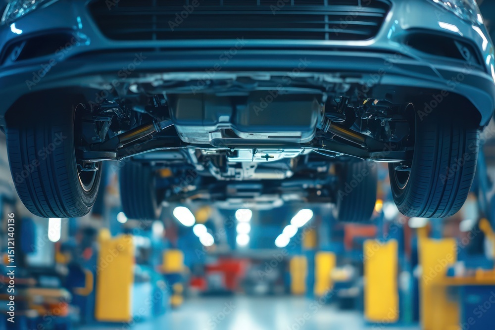 Fototapeta premium Undercarriage of car lifted for inspection in workshop