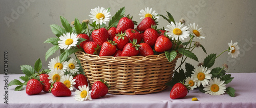 Lush strawberries arranged in a woven basket surrounded by chamomile flowers on a soft fabric surface, 