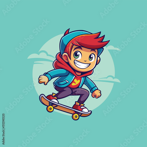 Cartoon logo of a happy boy riding a skateboard vector illustration