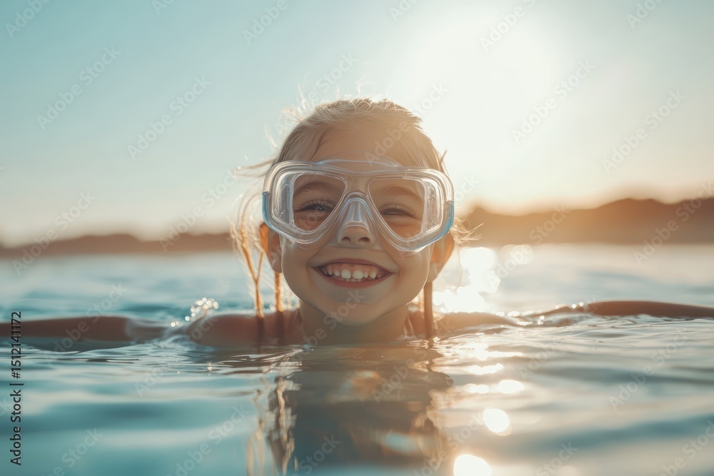 Naklejka premium Young girl snorkeling underwater on vacation in clear sea