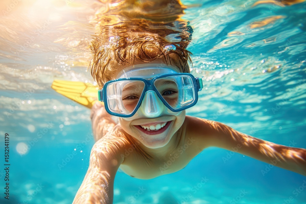 Naklejka premium Young boy snorkeling underwater in bright sea