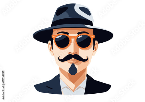 Mysterious Gentleman with Fedora Hat and Sunglasses A Stylish Vector Illustration of a Dapper Man with Mustache and Goatee