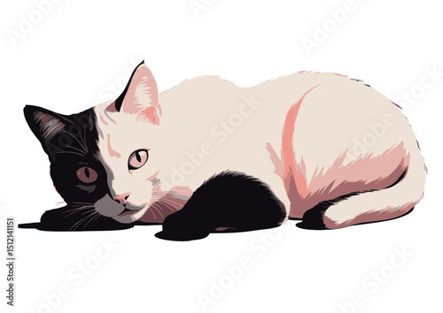 Elegant Black and White Cat Illustration A Stunning Vector Graphic of a Domestic Shorthair Cat in a Relaxed Pose, Perfect for Pet-Themed Designs, Websites, and More