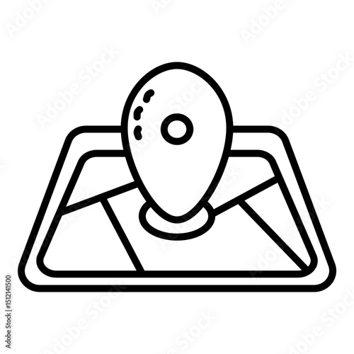 Map pin on top of folded map symbol, representing geographical location and route planning on physical or digital maps.