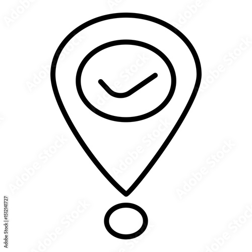 Stylized location pin icon featuring checkmark symbol inside central circle, signifying verification, completion, or selection. Small, solid circle positioned directly below tip of pin, potentially in