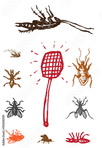 Dead Household Pests with Swatter. Pest control vector. Editable Clip Art.
