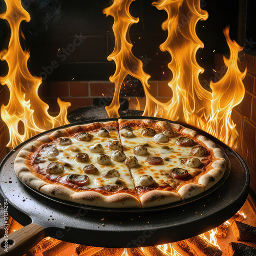 A mouth-watering pizza topped with sausage and cheese bakes on a pan, surrounded by dramatic flames in a wood-fired oven