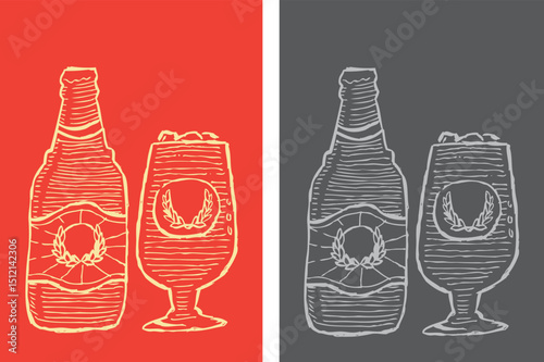 Beer bottle Doodle Art Design in Reverse and glass freehand drawing in outlines on white 