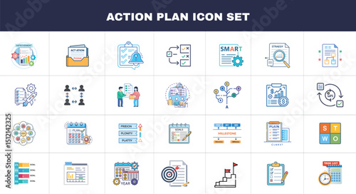 Action plan icon set. Containing planning, schedule, strategy, analysis, tasks, goal, collaboration, and objective icons. Vector illustration collection.
