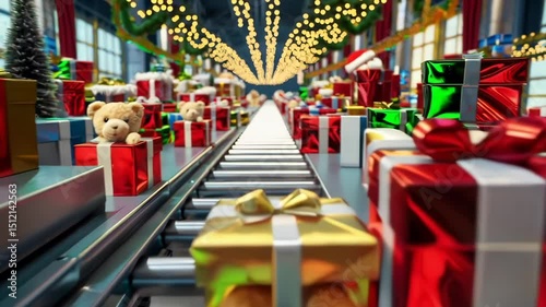 Conveyor belt filled with Christmas presents