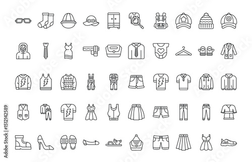A grid of 50 clothing and accessory icons in black outline on a white background