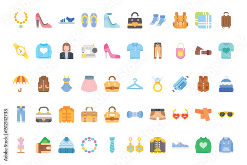 Array of 50 colorful icons depicting various clothing items and fashion accessories against a plain white background