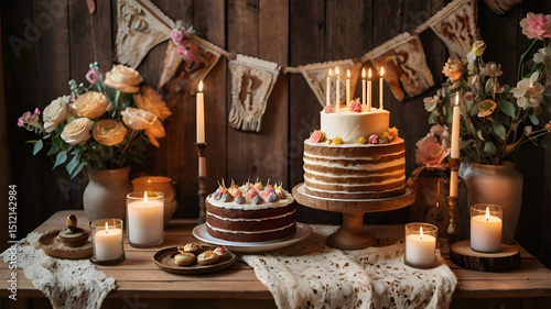 A festive Christmas table setting with golden decorations, candles, and sweet baked desserts