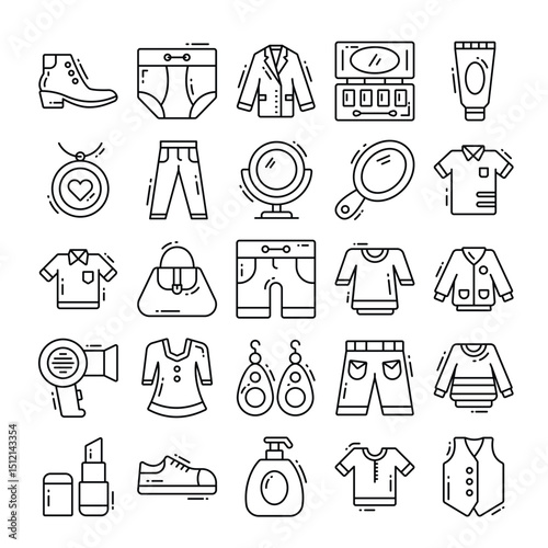 Lineart icons depict clothing accessories  cosmetics