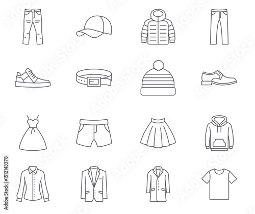 Sixteen pixelated clothing items including pants shoes and outerwear are arranged in a grid pattern