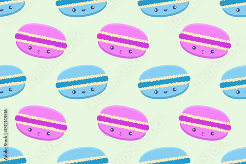 Seamless pattern with cute blue and pink macarons in kawaii style on soft background. Ideal for kids designs, packaging, or textile.

