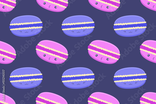 Seamless kawaii macaron pattern in pink and purple tones with cute faces on a dark blue background. Ideal for kids' products, fabric, and fun food-themed designs.

