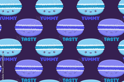 Cute seamless pattern with kawaii macarons and bold words “YUMMY” and “TASTY” on a dark purple background. Ideal for food-themed designs, packaging, and kids' decor.

