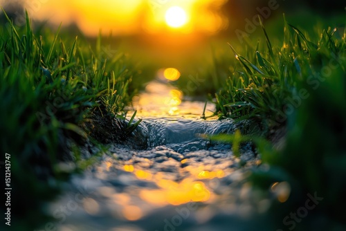 Water Flowing Between Grass at Sunrise
