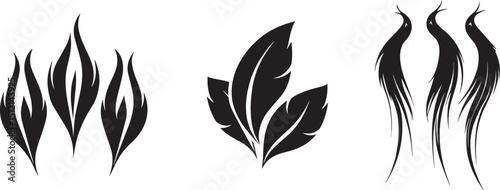 Abstract Nature Tattoo Elements. Fire, Leaf, and Bird Silhouette Vector Set