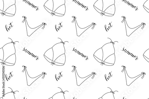 Seamless bikini outline pattern with “hot” and “summer” lettering on transparent background. Perfect for summer fashion prints, packaging, and textile designs.

