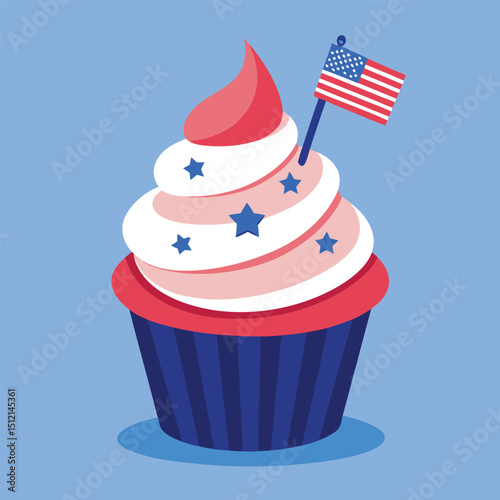 Cupcake with Firework Frosting Swirled Icing USA Colors Vector Illustration