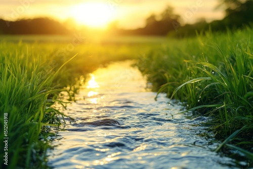 Water Flowing Between Grass at Sunrise