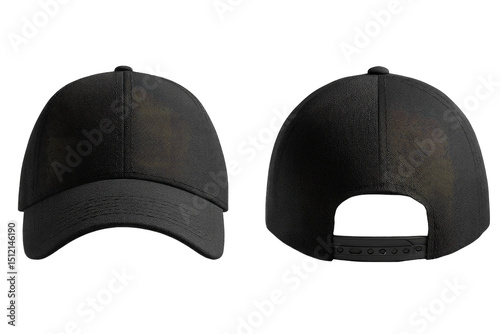 A dark-grey baseball cap is shown from the front and back, showcasing its simple design and adjustable strap at the rear.  The fabric appears to be a soft, possibly cotton, material