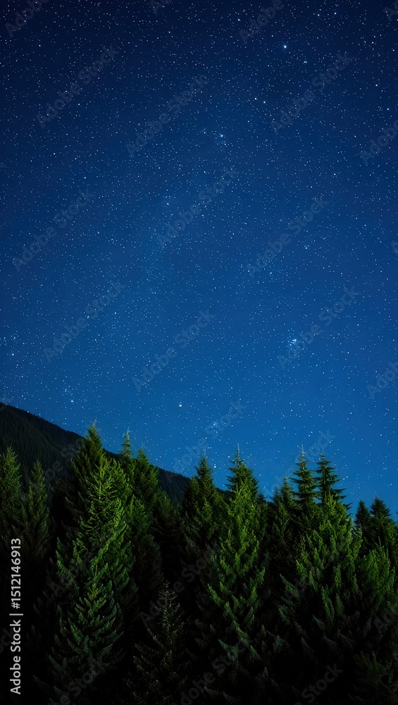 Naklejka premium Starry night sky over evergreen forest