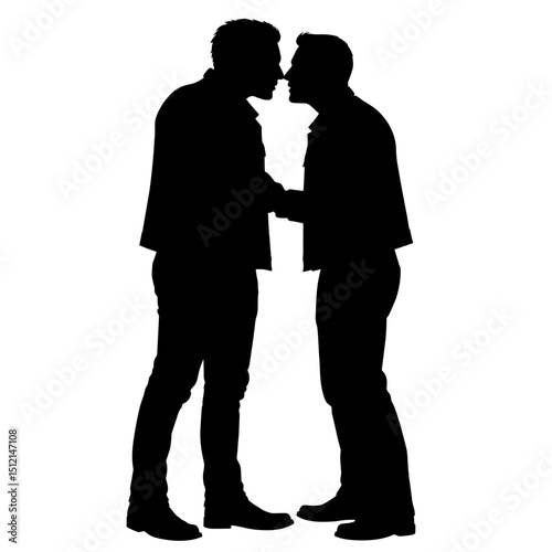 Two men sharing a kiss in silhouette against a light background  