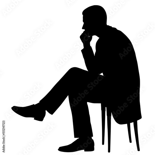 Silhouette of a man sitting thoughtfully on a chair, thinker pose silhouette  