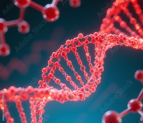 Generative ai image of DNA sequences and molecules with red glowing effect