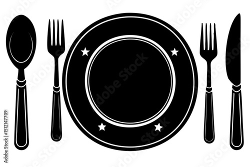 Black and white image of a plate setting with a spoon fork and knife present