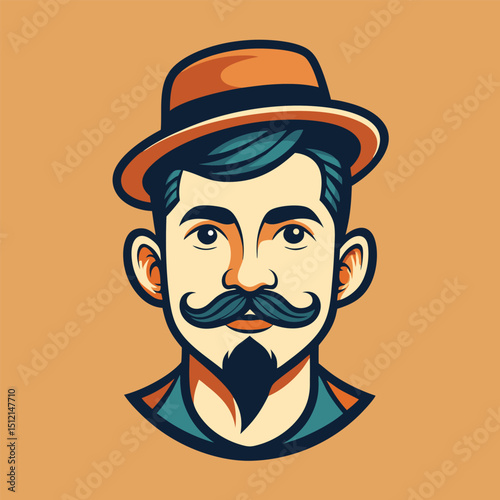 Handlebar Mustache Barber Face with a Hat Vintage Style Vector Illustration