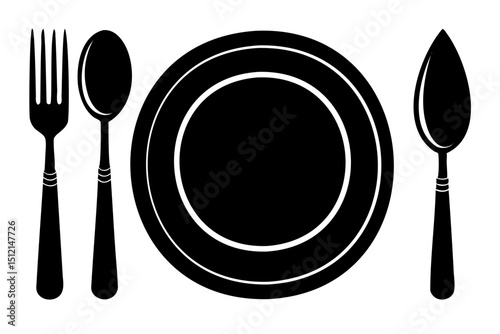 Illustration of a place setting with a plate fork spoon and knife in black color