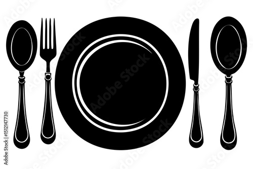 Illustration of a black and white place setting with plate fork knife and spoons