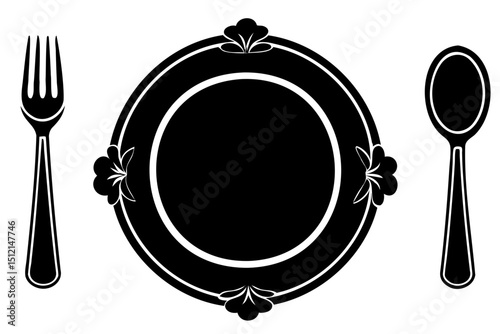 A decorative plate with a fork on the left and a spoon on the right side view