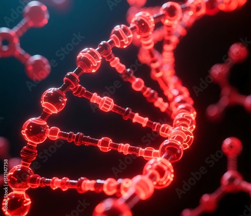 Generative ai image of DNA sequences and molecules with red glowing effect