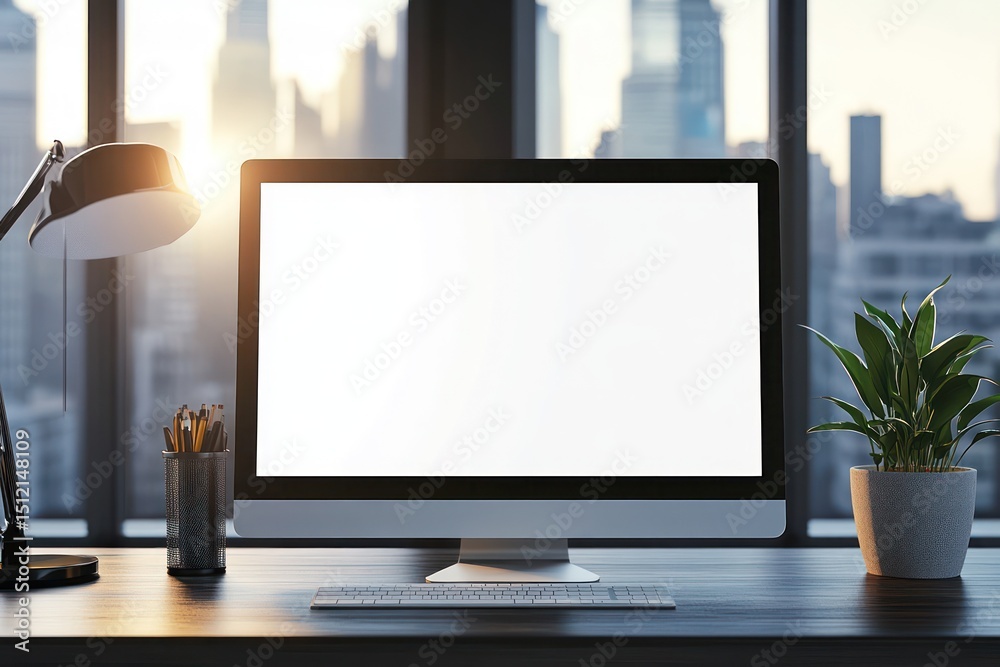 Fototapeta premium Desktop Computer with City View