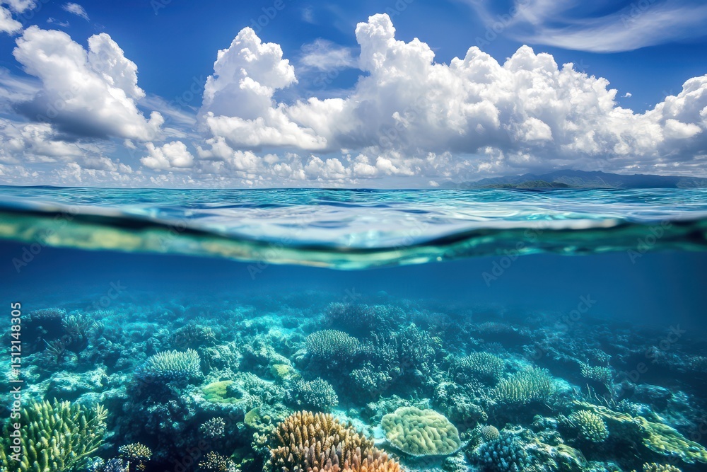 Fototapeta premium Split ocean view with coral reef and sky