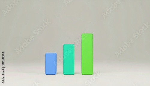 Minimalist 3D bar chart with blue, teal, and green bars on a light background, illustrating growth or data comparison.