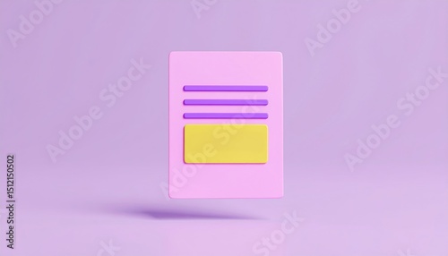 Minimalist 3D icon of a document or form in pink, purple, and yellow on a pastel purple background.