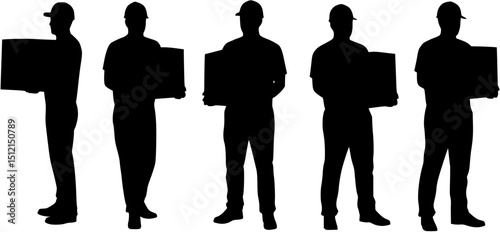 Set of silhouettes of warehouse workers with the package. Delivery guy is holding a cardboard box in different poses. Vector flat style illustration isolated on white. Full-length view