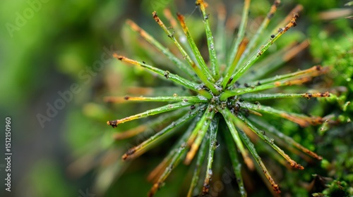Polytrichum strictum moss sporophyte growing on blurred green background