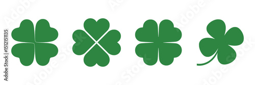 Four different green clover shapes representing saint patrick's day and good luck.