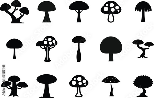Vector silhouettes of diverse mushrooms, fungi, and trees illustrate the vibrant essence of autumn nature